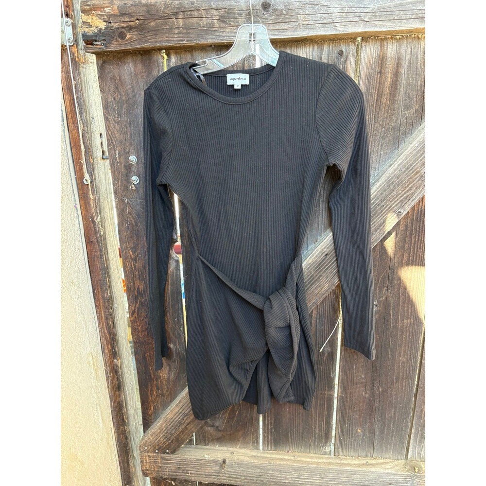 Superdown Dana Ribbed Wrap Tie Mini Dress in black.